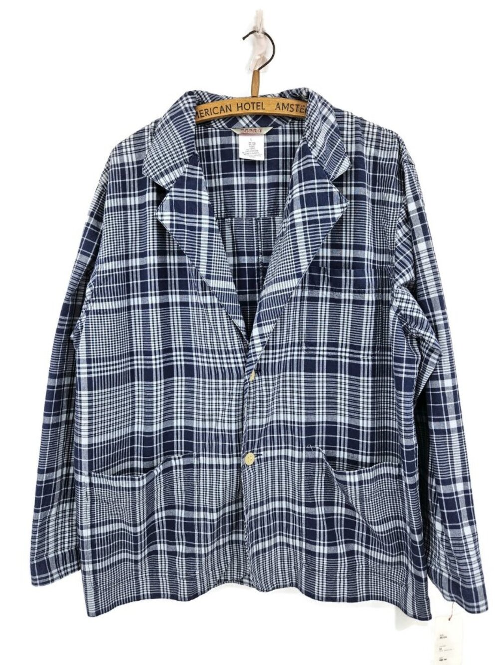 VTG NWT 90s Espirit Plaid Blazer Mens Womens L Oversized Blue Cotton